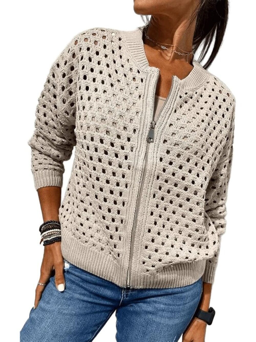 Cozy Long Sleeve Zip-Up Crochet Knit Jacket - Casual Fall Cropped Sweater